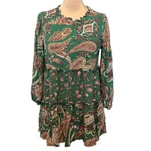 Wonderly 100% Rayon Multicolor Paisley Long Sleeve Tiered‎ Mini Dress